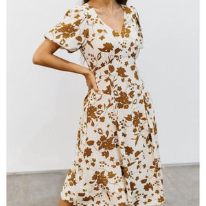 BALTIC BORN Adele Floral Camel Midi Dress Cream Brown Medium Puff Sleeve